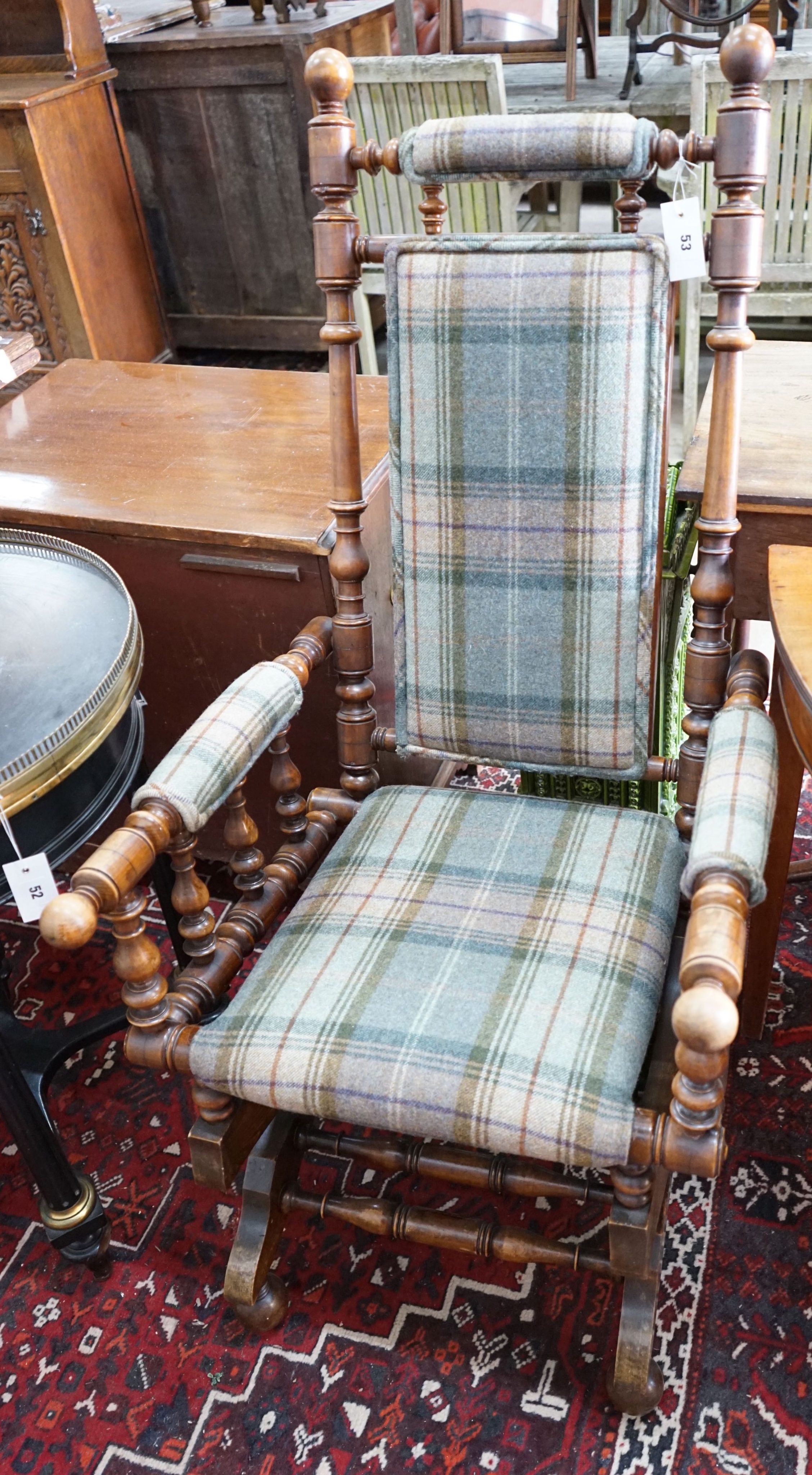 A late 19th century American turned beech rocking chair, width 58cm, depth 50cm, height 122cm